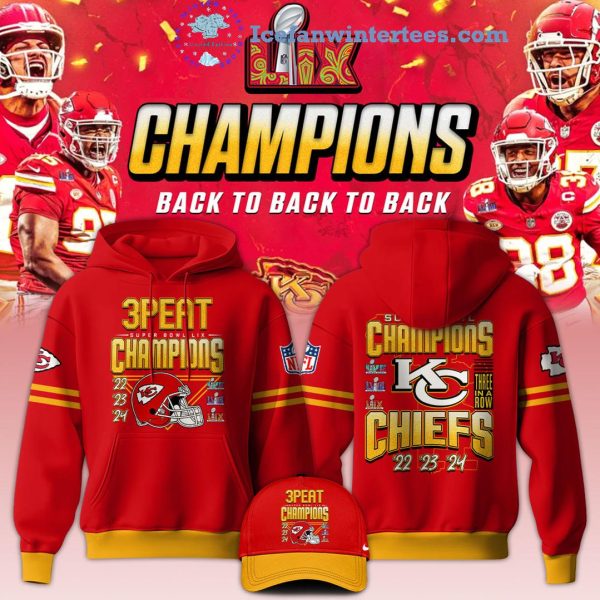 Kansas City Chiefs 3Peat Super Bowl LIX Champions 2022-2023-2024 Limited Edition Hoodie Longpants Cap