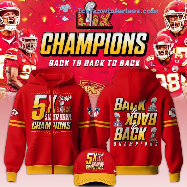 Kansas City Chiefs NFL 5X LIX Super Bowl Champions Back To Back To Back Hoodie Longpants Cap