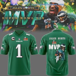 Philadelphia Eagles 2024 Super Bowl LIX Champions Jalen Hurts MVP 1 Kelly Green Football Jersey